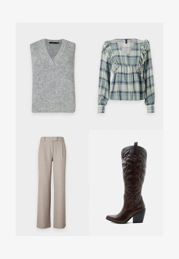 Grijze gebreide vest met een V-hals en mouwloos ontwerp. Heeft een ribbelstructuur en een rechte zoom.; Groene geruite blouse met ruches langs de halslijn en schouders; lange mouwen; lichtgewicht stof; heeft een V-hals ontwerp.; Beige op maat gemaakte broeken van een gestructureerde stof, met een recht model en voorplooien. Geen zichtbare hardware of patronen.; Lange donkerbruine leren cowboylaars met gestikte decoratieve patronen, spitse neus en gestapelde blokhak.