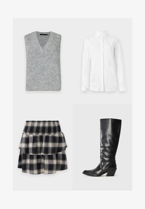 Chaleco de punto gris con escote en V y diseño sin mangas. Presenta una textura acanalada y un dobladillo recto.; Camisa blanca de manga larga hecha de algodón suave. Presenta un cuello clásico y un cierre de botones en la parte delantera, con un dobladillo recto y sin patrones.; Falda de cuadros en blanco y negro con cintura fruncida. Presenta capas con volantes y una textura suave de algodón.; Bota de cuero negra hasta la rodilla con punta afilada, tacón angular y textura suave. Presenta un sutil acento de costura a lo largo del costado.
