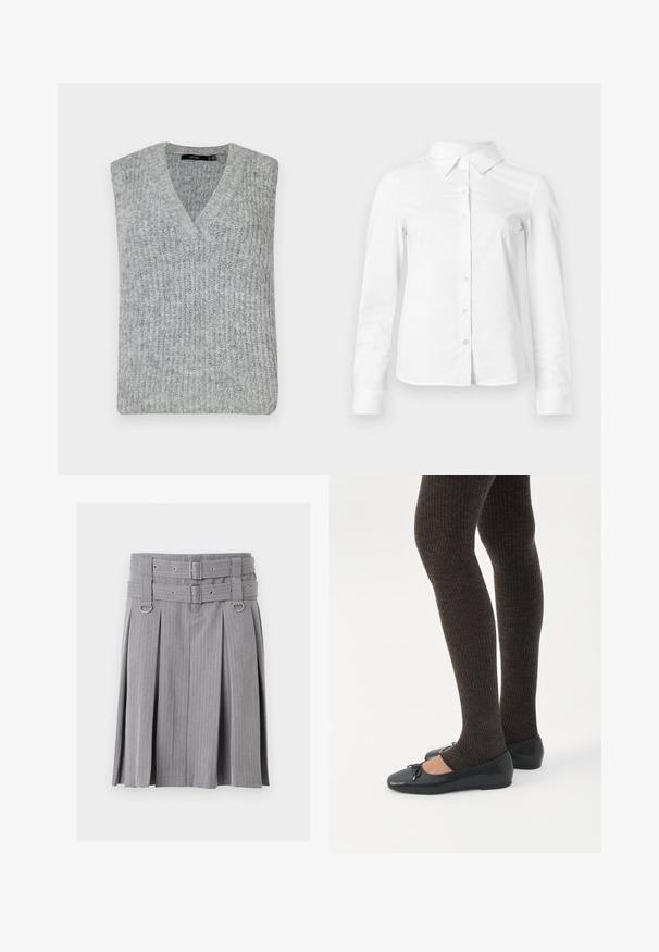 Chaleco de punto gris con escote en V y diseño sin mangas. Presenta una textura acanalada y un dobladillo recto.; Camisa blanca de manga larga con botones, cuello puntiagudo, bajo recto y silueta ajustada, presentada sobre un fondo claro y liso.; Falda plisada gris de rayas con doble cinturón y detalles de hebilla plateada, con detalles de anillas en forma de D en la cintura.; Piernas con leggings oscuros acanalados combinados con bailarinas negras que presentan pequeños detalles de lazo sobre un fondo blanco.