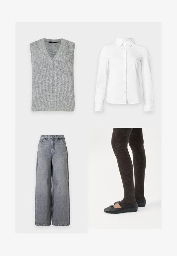 Chaleco de punto gris con escote en V y diseño sin mangas. Presenta una textura acanalada y un dobladillo recto.; Camisa blanca de manga larga con botones, cuello puntiagudo, bajo recto y silueta ajustada, presentada sobre un fondo claro y liso.; Jeans de denim de pierna ancha en un lavado gris desgastado, con cinco bolsillos, cierre de botón y una textura suave con sutiles detalles de desgaste.; Piernas con leggings oscuros acanalados combinados con bailarinas negras que presentan pequeños detalles de lazo sobre un fondo blanco.
