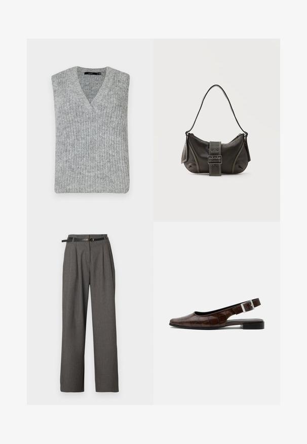 Chaleco de punto gris con escote en V y diseño sin mangas. Presenta una textura acanalada y un dobladillo recto.; Pantalones de vestir grises de talle alto con pliegues y bolsillos laterales, combinados con un cinturón negro fino con hebilla redonda dorada.; Zapato plano de piel marrón oscuro con tira trasera, punta cuadrada, textura de cocodrilo y hebilla plateada en la correa.; Bolso de hombro de cuero negro con detalle de correa con hebilla, bordes curvos y costuras blancas en contraste sobre un fondo liso.
