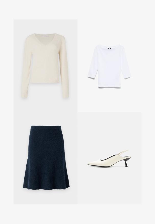 Crème-kleurige V-hals lange mouwen sweater met geribbelde manchetten en zoom, weergegeven tegen een effen witte achtergrond.; Witte driekwartmouwen shirt gemaakt van een katoenen mix; beschikt over een brede bootnek en een gladde, lichte textuur.; Marineblauwe wollen rok met een zachte, fuzzy textuur, uitlopende A-lijn vorm en een aansluitende taille, met een subtiele glans en een scherpe zoom.; Crèmekleurige slingback schoen met puntige neus, lage zwarte kittenhak en een gladde leren afwerking op een witte achtergrond.