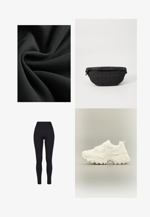 Tissu noir avec une texture lisse et douce, ressemblant à un tricot léger. Le matériau tombe en plis, montrant un éclat subtil.; Leggings noirs taille haute, fabriqués à partir d'un tissu extensible, présentant une texture lisse et un design ajusté sans coutures ni motifs visibles.; Baskets blanches épaisses avec semelle texturée épaisse, panneaux en mesh, laçage à l'avant et languette au talon sur un fond neutre.; Sac noir matelassé avec une texture douce et rembourrée, un motif en diamant angulaire, une silhouette arrondie et une fermeture éclair.