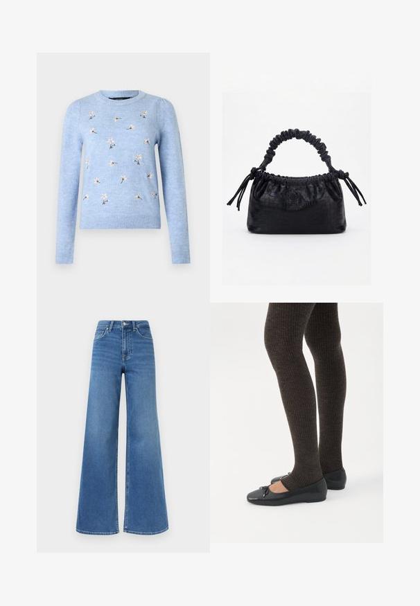 Pull tricoté bleu clair avec broderie florale, col rond, manches longues et poignets côtelés. Texture douce et coupe ajustée.; Jean en denim bleu taille haute avec jambes larges, fermeture avant à boutons et fermeture éclair, ainsi que poches avant et arrière.; Jambes portant des leggings côtelés foncés associés à des ballerines noires avec de petits détails en nœud sur fond blanc.; Sac à main noir avec texture crocodile, bord supérieur froncé, poignée plissée et pompons à cordon de chaque côté sur fond blanc.