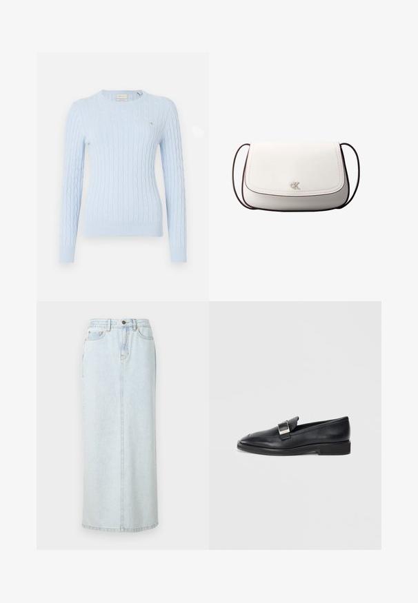 Lichtblauwe kabelgebreide trui met lange mouwen, ronde hals en geribbelde manchetten. Heeft een klein logo op de borst. Zachte textuur.; Lichtblauwe denim maxi rok met een rechte snit, voorzijde met knopen en zichtbare stiksels. Bevat twee voorzakken.; Zwarte leren instapper met een zilveren rechthoekige gesp bovenop en een lage hak op een witte achtergrond.; Witte schoudertas met klepsluiting, klein zilveren "cK"-logo in het midden en dunne donkerbruine verstelbare band.