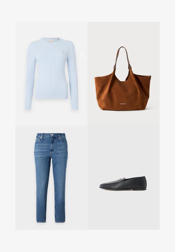 Hele sinine kaeluskudumiselse sweater pikade varrukatega, ümar kaelus ja soonilised mansetid. Ees on väike logo. Pehme tekstuur.; hele sinised teksapüksid kõrge vöökohaga, sirge säärega, viiepunktilise tasku ja õrna pleekimisega. Varustatud metallist nööbi ja tõmblukuga.; Mustad nahast loafersid, millel on sile tekstuur, ümar ninaga ja õrnad õmbluse detailid. Ülaosas on kuldne logo-aksent.; pruun nubukist käekott pehme tekstuuriga, suur kujuga ja pikad nahkrihmad. Esiküljel on logo plaat.