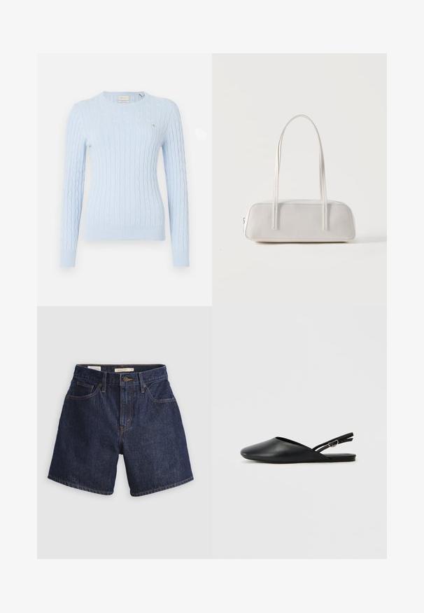 Hele sinine kaeluskudumiselse sweater pikade varrukatega, ümar kaelus ja soonilised mansetid. Ees on väike logo. Pehme tekstuur.; Tumesinised teksapüksid klassikalise lõikega, esitaskutega, nööpidega kinnitatavad ja kontrastse oranži õmblusega.; Must mustad slingback kingad mustaga nahast, terava varba, kõverdisainiga ja reguleeritava pandlaga. Siledad pinnad, lame tald, minimaalne detailide kasutamine.; Valge ristkülikukujuline õlakott pikkade õhukeste rihmadega, minimaalne õmblus ja tõmblukuga sulgemine ühtlasel taustal.