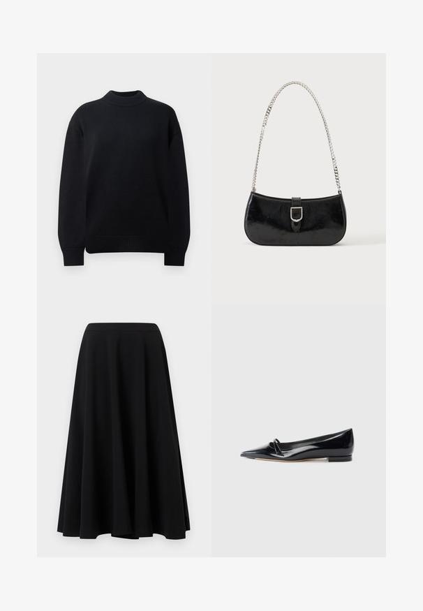 Pull-over en tricot noir avec un col rond côtelé, des épaules tombantes et des poignets et un ourlet côtelés. Design simple et de couleur unie.; Jupe noire mi-longue avec coupe évasée en ligne A et taille cintrée, présentée sur un fond uni clair.; Chaussure plate en cuir verni noir avec un bout pointu, une petite lanière décorative et un petit talon carré. Texture lisse et design épuré.; Sac à épaule en cuir verni noir avec détail de boucle argentée et bandoulière en chaîne argentée, présenté sur un fond uni clair.