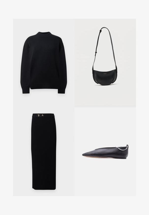 Pull-over en tricot noir avec un col rond côtelé, des épaules tombantes et des poignets et un ourlet côtelés. Design simple et de couleur unie.; AERON FORUM - Jupe crayon - black; Chaussure plate noire en cuir pointue avec un petit talon et un détail de chaîne argentée à l'arrière sur un fond uni.; Sac bandoulière en cuir noir en forme de croissant avec bandoulière réglable et petit logo doré au centre avant.