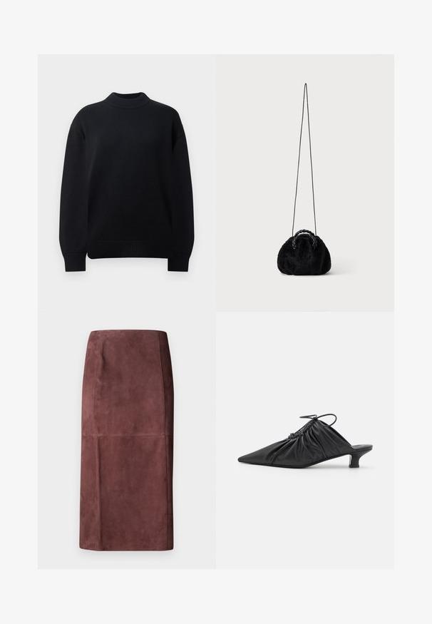 Pull-over en tricot noir avec un col rond côtelé, des épaules tombantes et des poignets et un ourlet côtelés. Design simple et de couleur unie.; Jupe crayon en daim marron avec une texture lisse, présentant une silhouette droite et des coutures nettes, conçue pour une coupe ajustée.; Mules noirs en cuir à enfiler avec un bout pointu, une texture froncée et un petit talon aiguille. Présente un détail à cordon au niveau de l'ouverture.; Petit sac à main noir en fausse fourrure avec poignées tressées sur le dessus et longue bandoulière fine sur fond uni.