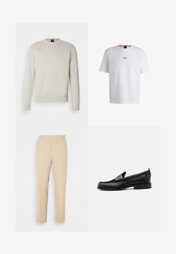 Lichtbeige gebreide trui met lange mouwen, ronde halslijn, geribbelde onderkant en manchetten, voorzien van een klein rechthoekig logo op de borst.; Witte katoenen T-shirt met korte mouwen, voorzien van een zwart "BOSS"-logo in het midden van de borst en een ronde halsontwerp.; Beige op maat gemaakte broek met een recht gesneden ontwerp, gemaakt van lichtgewicht stof, met twee voorzakken en nette, geplooide vouwen.; Zwarte leren loafer met grijs riemdetailelement, lage hak en gestructureerde zool, aan de zijkant gebrandmerkt met "HUGO" in goud.