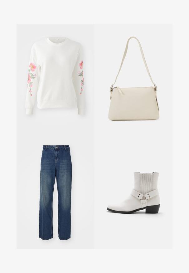 Sweatshirt blanc avec une broderie florale rose vif le long des manches. Tissu léger, col rond et poignets et ourlet côtelés.; Jeans en denim bleu foncé avec une taille haute, une coupe large et des zones décolorées. Ils comprennent une fermeture à bouton et des passants de ceinture, avec une texture lisse.; Bottine en cuir blanc avec un bout légèrement pointu, un détail froncé à l'arrière et une large sangle avec une boucle au niveau de la cheville.; Sac à épaule beige en cuir lisse avec une fermeture éclair. Présente un design simple, une bandoulière fine et des accents en métal.