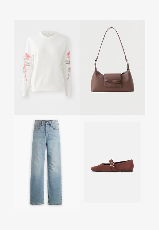 Sweatshirt blanc avec une broderie florale rose vif le long des manches. Tissu léger, col rond et poignets et ourlet côtelés.; Jean en denim bleu clair avec une taille haute, une coupe droite, un style cinq poches et des détails de coutures visibles.; Chaussure plate Mary Jane en suède marron avec une bride à boucle dorée et une semelle noire sur fond blanc.; Sac à bandoulière en cuir marron avec une poche à rabat avant ornée d'un détail en forme de nœud cousu et une sangle réglable.