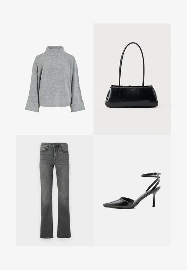 Suéter gris de punto con cuello alto, mangas amplias y tela texturizada. Presenta un ajuste casual y detalles acanalados en los puños y el dobladillo.; Vaqueros acampanados en denim gris oscuro con una cintura alta, cinco bolsillos y un cierre de botón único. Textura suave con ligero desvanecimiento.; Zapato de tacón alto negro de punta fina con delgadas correas en el tobillo y cierre de hebilla plateada sobre un fondo liso claro.; Bolso de hombro rectangular negro con correas largas y delgadas y una textura lisa y brillante sobre un fondo liso.