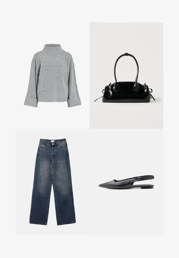 Grå strikket sweater med høj krave, brede ærmer og struktureret stof. Har en afslappet pasform og ribbede detaljer ved ærmekanterne og nederste kant.; Mænds højtaljede blå denim jeans med brede ben, frontknap og lynlås samt for- og baglommer.; Sort læder flad slingbacksko med spids tå, lav hæl og justerbar rem på lys baggrund.; Lille sort blank håndtaske med to lange håndtag og snøre-detaljer i siden på en ensfarvet lys baggrund.