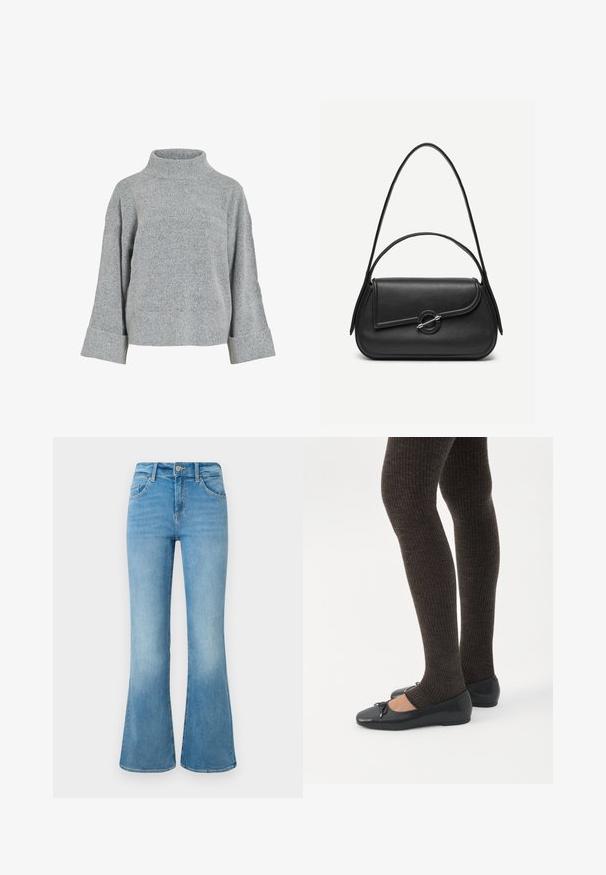 Grå strikket sweater med høj krave, brede ærmer og struktureret stof. Har en afslappet pasform og ribbede detaljer ved ærmekanterne og nederste kant.; Lyseblå denim flare jeans med forlommer, bæltestropper og knaplukning mod en hvid baggrund.; Ben iført mørke ribbede leggings kombineret med sorte balletsko med små sløjfedetaljer på hvid baggrund.; Sort læderhåndtaske med afrundede kanter, asymmetrisk klap, metalcirkulært spænde samt både korte og lange skulderstropper.