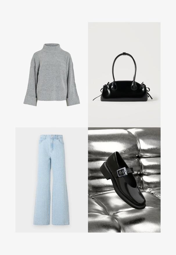 Grå strikket sweater med høj krave, brede ærmer og struktureret stof. Har en afslappet pasform og ribbede detaljer ved ærmekanterne og nederste kant.; Lys blå denim vide ben jeans med høj talje, der har en knaplukning, fem lommer og en subtil falmet tekstur.; Sorte læder Mary Jane sko med firkantet tå, en sølv spænde accent og en chunky lav hæl, sat mod en glansfuld sølv baggrund.; Lille sort blank håndtaske med to lange håndtag og snøre-detaljer i siden på en ensfarvet lys baggrund.