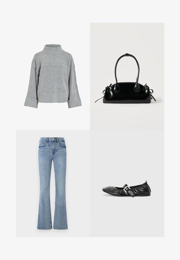 Grå strikket sweater med høj krave, brede ærmer og struktureret stof. Har en afslappet pasform og ribbede detaljer ved ærmekanterne og nederste kant.; Lyseblå denimjeans med høj talje, frontknap og lynlås, fem lommer og let udvidede ben.; Sorte læder flade sko med spids tå, samling detaljer omkring åbningen, og en sølv spænde accent på den justerbare rem.; Lille sort blank håndtaske med to lange håndtag og snøre-detaljer i siden på en ensfarvet lys baggrund.