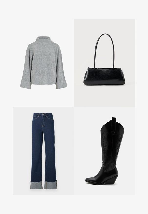 Grijze gebreide trui met een hoge kraag, brede mouwen en een gestructureerde stof. Heeft een casual pasvorm en ribgebreide accenten bij de manchetten en de zoom.; Donkerblauwe denim flare jeans met een hoge taille, voorzien van een ruwe zoom en een lichtere denim manchet bij de enkels. Zilveren sluiting met knop.; Zwarte leren cowboylaars met puntige neus, schuine blokhak, decoratieve stiksels en aantreklusjes bovenaan tegen een witte achtergrond.; Zwarte rechthoekige schoudertas met lange dunne banden en een gladde, glanzende textuur op een effen achtergrond.