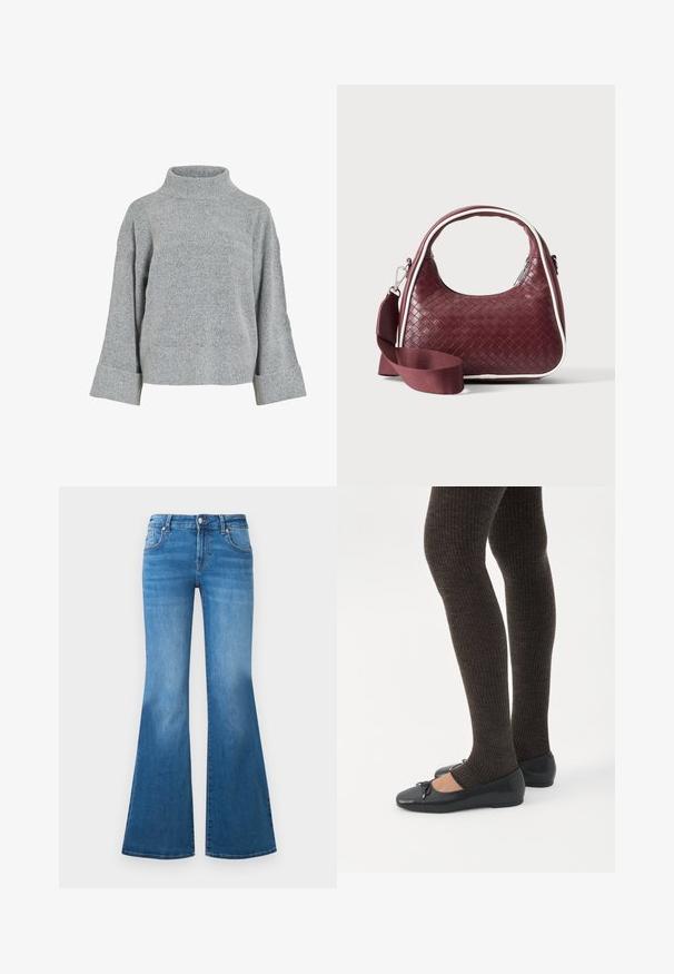 Grijze gebreide trui met een hoge kraag, brede mouwen en een gestructureerde stof. Heeft een casual pasvorm en ribgebreide accenten bij de manchetten en de zoom.; Flared blauwe denim jeans met een medium hoge taille, vijf zakken en vervaagde details op de dijen. Zilveren accenten op de knopen.; Benen met donkere geribbelde leggings gecombineerd met zwarte ballerina's met kleine strikdetails op een witte achtergrond.; Donkerrode geweven leren handtas met gebogen handvat, witte bies, zilveren rits en afneembare brede stoffen schouderriem tegen een effen achtergrond.