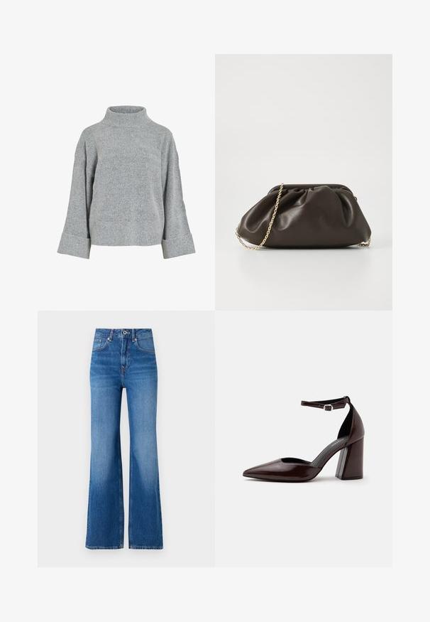 Grijze gebreide trui met een hoge kraag, brede mouwen en een gestructureerde stof. Heeft een casual pasvorm en ribgebreide accenten bij de manchetten en de zoom.; Wijdvallende blauwe denim jeans met een hoge taille, voorzien van een ritssluiting, een knoopsluiting en subtiele vervaging langs de benen.; Donkerbruine leren pumps met puntige neus, hoge hak, enkelbandje en zilveren gesp op een witte achtergrond.; Bruine leren handtas met een geaccentueerd ontwerp, gouden kettinghengsel en een zachte, textuurafwerking. Compacte vorm geschikt voor avondgebruik.