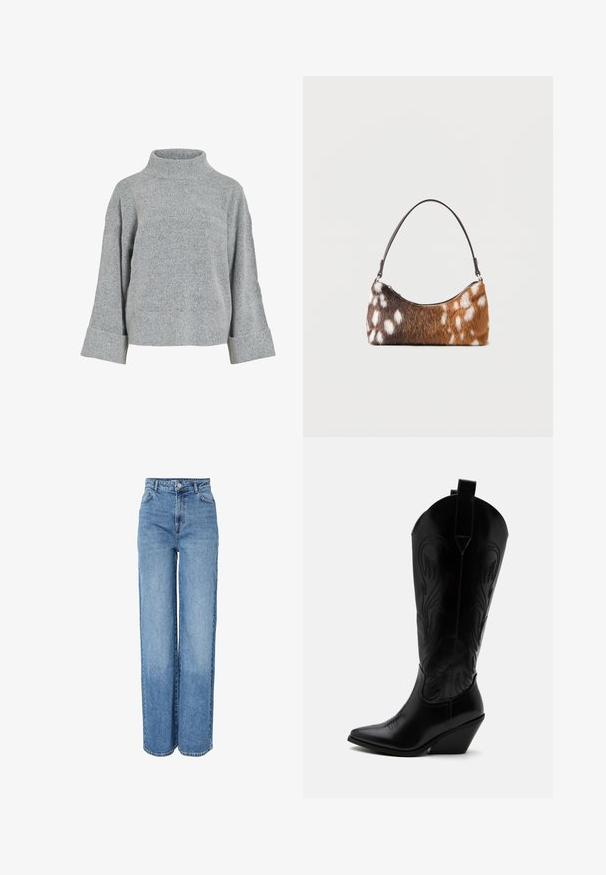 Pull en maille grise avec un col montant, des manches larges et un tissu texturé. Présente une coupe décontractée et des accents côtelés aux poignets et à l'ourlet.; Jean en denim bleu, taille haute, coupe droite, avec fermeture à boutons et zip à l'avant, passants pour ceinture et poches avant et arrière.; Botte de cowboy en cuir noir avec bout pointu, talon bloc incliné, couture décorative et languettes en haut sur fond blanc.; Sac à bandoulière en fausse fourrure tachetée marron et blanche avec une fine sangle noire, présenté sur un fond blanc.
