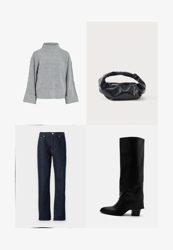 Grå strikket sweater med høj krave, brede ærmer og struktureret stof. Har en afslappet pasform og ribbede detaljer ved ærmekanterne og nederste kant.; Mørkeblå denimbukser med lige pasform, featuring knap- og lynlåslukning, femlommerdesign og kontrastsyninger.; Høj sort læderstøvle med skråt syning, spids tå og kraftig mellemhøj hæl på hvid baggrund.; Sort taske lavet af blankt, tekstureret materiale med et cirkulært, snoet håndtag og lynlås. Har et blødt, rynket design.