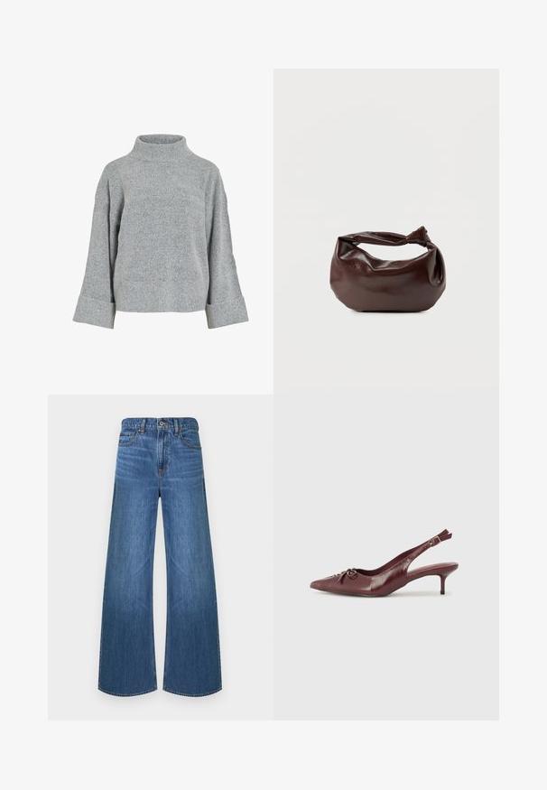 Grå strikket sweater med høj krave, brede ærmer og struktureret stof. Har en afslappet pasform og ribbede detaljer ved ærmekanterne og nederste kant.; Bredbenede blå denimjeans med knapper og lynlås foran, fem-lomme-design og bæltestropper, vist mod en hvid baggrund.; Bordeaux læder slingback hæl med spidse tå, justerbar rem og dekorativ sløjfedetalje foran. 7,5 cm hælhøjde.; Mørkebrun læder skuldertaske med en blød, afslappet form og et snoet knudehåndtag på en ensartet hvid baggrund.