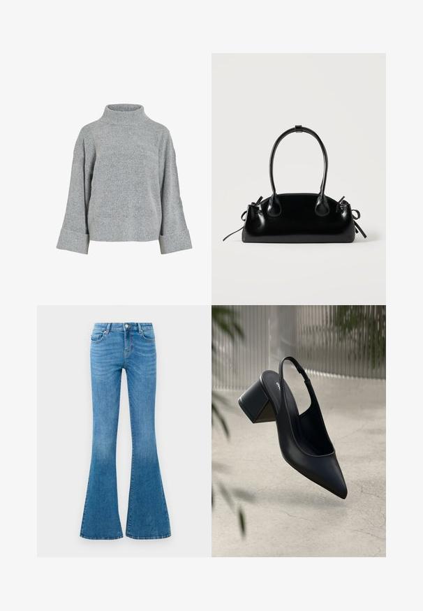Suéter gris de punto con cuello alto, mangas amplias y tela texturizada. Presenta un ajuste casual y detalles acanalados en los puños y el dobladillo.; Jeans de mezclilla azul acampanados con una cintura de media altura, que cuentan con cinco bolsillos, un cierre de botón estándar y un ligero desgastado para dar textura.; Zapato de tacón slingback de cuero negro con punta afilada y tacón cuadrado. Textura suave, diseño minimalista y correa ajustable en el tobillo.; Pequeño bolso negro brillante con dos asas largas y detalles de cordón lateral sobre un fondo claro liso.