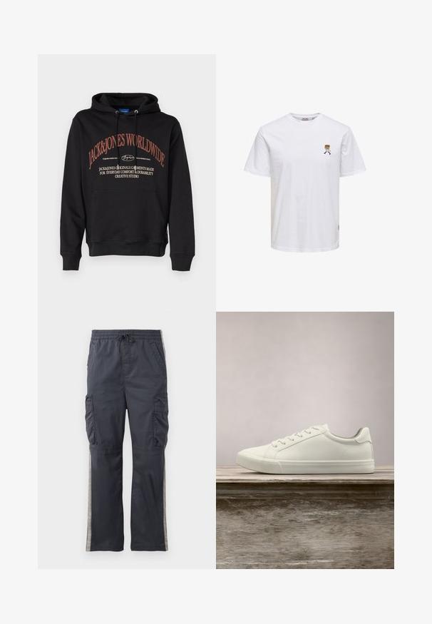 Musta huppari, jossa on kenguru-tasku, jossa on punainen teksti: "JACK&JONES WORLDWIDE" ja lisäteksti alla. Valmistettu pehmeästä kankaasta.; Valkoinen puuvillainen t-paita, jossa on pieni kirjailtu hahmo raidallisessa hatussa, lyhyet hihat ja pyöreä kaula-aukko.; Tummanharmaat cargo-housut, joissa on joustovyötärö, nauha ja sivutaskut. Ominaisuuksina vaaleanharmaat sivuraidat ja rento istuvuus.; Valkoiset nauhalla kiinnitettävät lenkkarit leijuvat puupenkillä, taustalla vihreää kasvillisuutta, tuoden esiin kengän muotoilua ja pintarakennetta.