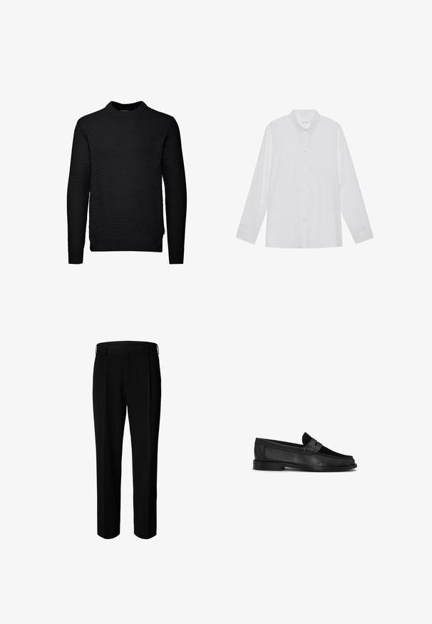 Pull noir avec un motif texturé et matelassé. Manches longues, col rond, et finitions côtelées aux poignets et à l'ourlet. Design simple et sans embellissement.; Chemise blanche à manches longues en tissu lisse, dotée d'un col pointu, d'une fermeture à boutons sur le devant et de poignets à un bouton.; Pantalon formel noir avec passants pour ceinture, bouton frontal et fermeture éclair, présenté sur fond blanc.; Mocassin en cuir noir avec un bout arrondi, un talon bas, des détails cousus et une bride sur la partie supérieure de la chaussure.