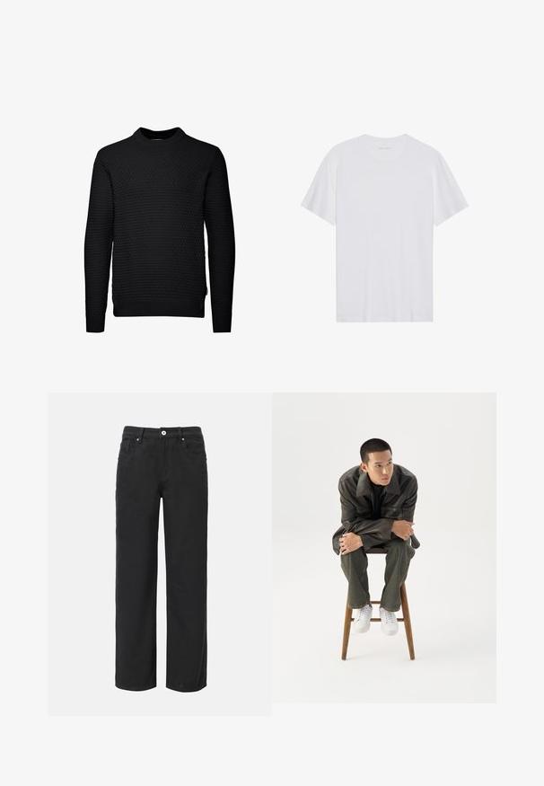 Sort sweater med et struktureret, quiltet mønster. Lange ærmer, rund halsudskæring og ribbede manchetter og kant. Simpelt, ukompliceret design.; Hvid bomulds T-shirt med korte ærmer, rund hals og en glat tekstur. Har minimal branding på halsudskæringen.; Sorte bukser med vid ben, lavet af bomuld, med fire lommer, frontlukning med knap og et klassisk denimdesign. Glat tekstur, ingen synlige mønstre.; Ung mand i mørk læderjakke og jeans sidder på en træskammel, læner sig fremad med armene krydset og kigger til siden mod hvid baggrund.