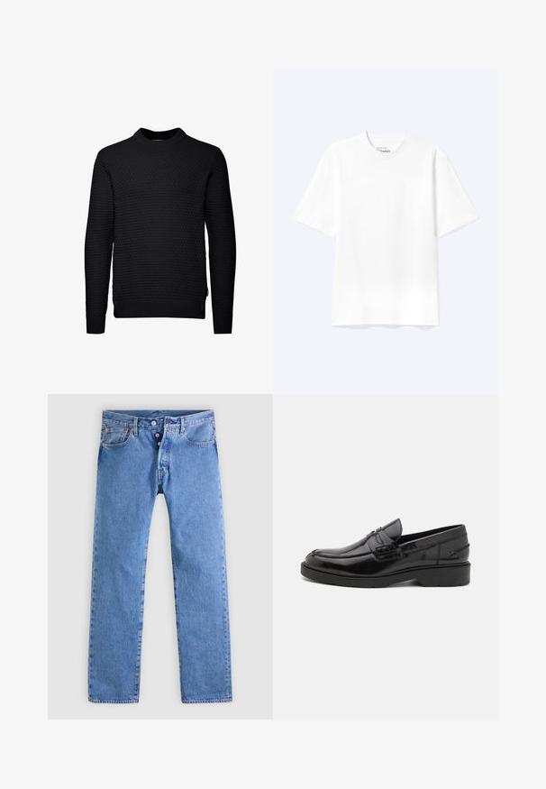 Sort sweater med et struktureret, quiltet mønster. Lange ærmer, rund halsudskæring og ribbede manchetter og kant. Simpelt, ukompliceret design.; Enkel hvid T-shirt med korte ærmer og rund hals med afslappet pasform, vist på en lys baggrund.; Lyseblå denimjeans med et lige ben design, fem lommer og to-knaps lynlås. Har minimal falmen og kontrastsyning.; Sorte læder loafers med en glat finish, rund tå, lav hæl og dekorativ syning langs forsiden. Gummisål for godt greb.