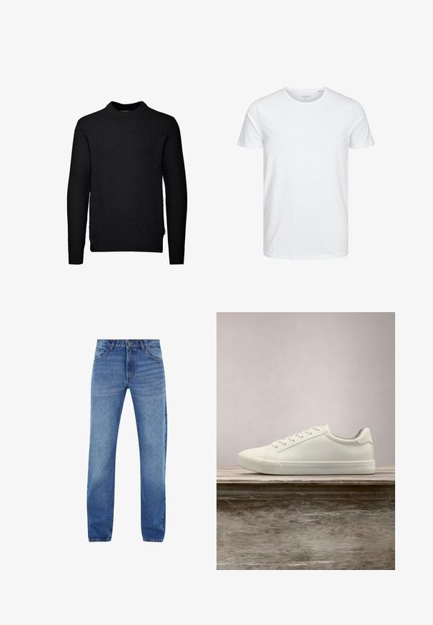 Pull noir avec un motif texturé et matelassé. Manches longues, col rond, et finitions côtelées aux poignets et à l'ourlet. Design simple et sans embellissement.; T-shirt à col rond à manches courtes de couleur blanche unie, fabriqué en coton doux, avec un design simple sans motifs ni accents visibles.; Jean en denim bleu à coupe droite, cinq poches et fermeture éclair. Décoloration subtile à l'avant, accents cousus en orange.; Sneaker en dentelle blanche flottant au-dessus d'un banc en bois avec un feuillage vert en arrière-plan, mettant en valeur le design et la texture de la chaussure.