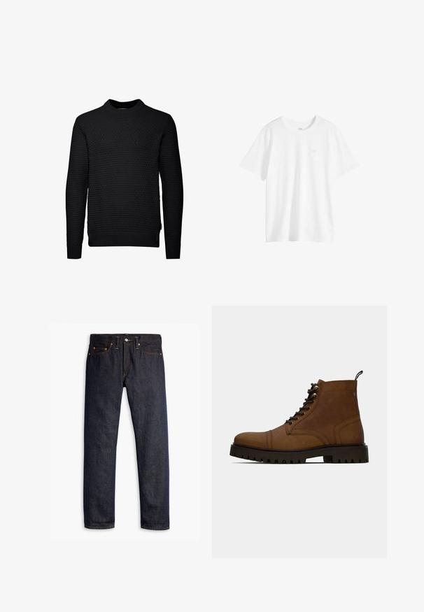 Pull noir avec un motif texturé et matelassé. Manches longues, col rond, et finitions côtelées aux poignets et à l'ourlet. Design simple et sans embellissement.; T-shirt blanc uni à manches courtes et col rond avec un petit logo sur la poitrine du côté gauche, présenté sur un fond blanc.; Jeans en denim bleu foncé avec une coupe droite, un design à cinq poches, des rivets en cuivre, des coutures jaunes et un tissu texturé distinct.; Botte de cheville en cuir marron à lacets avec semelle crantée noire épaisse et languette, sur fond blanc.