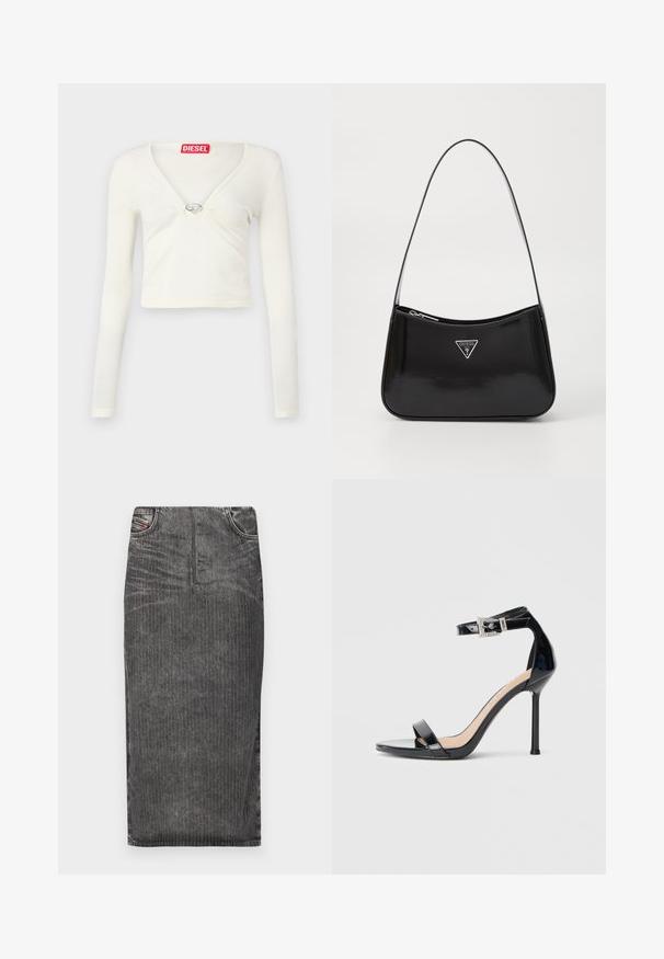 Crop top blanc à manches longues avec un décolleté en V et un accent en métal central. Texture douce avec des détails froncés à l'avant. Étiquette de la marque au niveau du col.; Jupe midi en denim gris avec des rayures verticales, présentant une taille haute, un design à cinq poches et un ourlet net.; Sandale à talon haut en cuir verni noir avec bride à la cheville. Présente un design minimaliste, un bout ouvert et une boucle ornée de strass.; Sac à épaule en cuir verni noir avec une forme incurvée, présentant un logo triangle en argent et une fermeture éclair. Texture lisse et bandoulière fine.