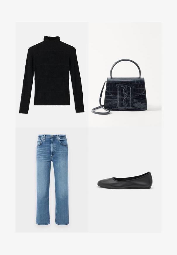 Sort ribbet turtleneck sweater med lange ærmer og en tekstureret overflade. Fremstår med vandrette striber og en bølget kant ved ærmerne.; Mellemblå, lige ben denimjeans med høj talje, frontknap og fem-lomme stil på en ensfarvet baggrund.; Sort læderballetsko med rund tå, glat tekstur, minimal syning og et fleksibelt såldesign.; Sort krokodillede læderhandbag med en struktureret design, top-håndtag, justerbar rem og et fremtrædende frontlogo.