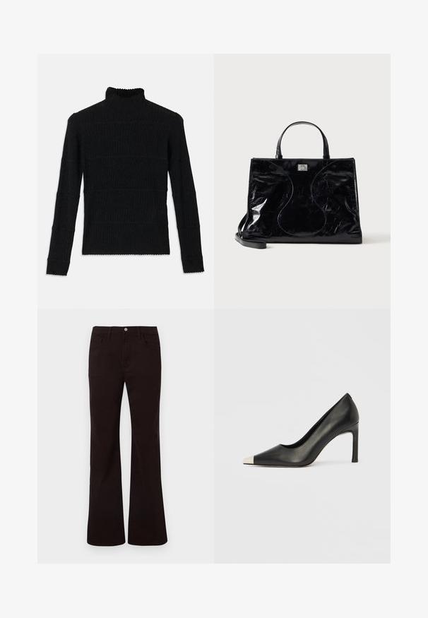 Zwarte geribbelde turtleneck trui met lange mouwen en een gestructureerde afwerking. Voorzien van horizontale strepen en een geschulpte zoom bij de mouwen.; Zwarte high-waist wijde jeans met knopen aan de voorkant, rits, riemlussen, en voor- en achterzakken tegen een witte achtergrond.; Zwarte leren hoge hak met een spits toelopende neus en een metalen zilverkleurige kap. Heeft een gladde afwerking en een slanke hak van 10 cm.; Zwarte glanzende leren handtas met korte handvatten, afneembare schouderriem en subtiele gebogen stiksel details aan de voorkant.