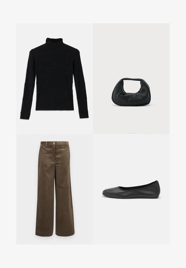 Zwarte geribbelde turtleneck trui met lange mouwen en een gestructureerde afwerking. Voorzien van horizontale strepen en een geschulpte zoom bij de mouwen.; Bruine corduroy wijde-pijpen broek met verticale ribbels, voorzien van een voorste knoopsluiting en een standaard tailleband. Zachte textuur, casual ontwerp.; Zwarte leren ballerina met een ronde neus, gladde textuur, minimale stikdetails en een flexibele zoolontwerp.; Zwarte geweven hobo-tas met een zachte structuur en geïntegreerd handvat, weergegeven op een effen lichte achtergrond.