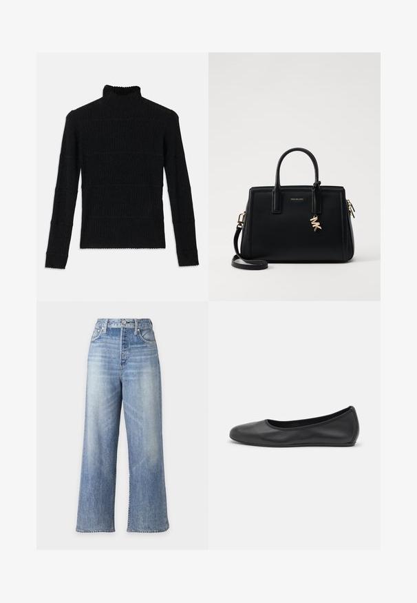 Pull en maille côtelée noir à col roulé, à manches longues et finition texturée. Présente des rayures horizontales et un ourlet festonné au niveau des manches.; Jean bleu clair taille haute à jambes larges avec poches avant, passants de ceinture et fermeture par bouton, présenté sur un fond blanc uni.; Ballerines en cuir noir avec un bout rond, texture lisse, détails de couture minimalistes et design de semelle flexible.; Sac à main en cuir noir avec un design structuré, deux poignées supérieures, une bandoulière amovible, des accessoires en or et un pendentif avec le logo.