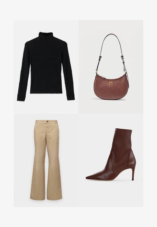 Sort ribbet turtleneck sweater med lange ærmer og en tekstureret overflade. Fremstår med vandrette striber og en bølget kant ved ærmerne.; Beige brede bukser med knaplukning, for- og sidelommer samt stikninger, lavet af et letvægts, struktureret stof.; Mørkebrun læderankelstøvle med spids snude og slank høj hæl mod en ensfarvet lys baggrund.; Brun skuldertaske i læder formet som en halvmåne med justerbar rem og lille guldlogo foran mod hvid baggrund.