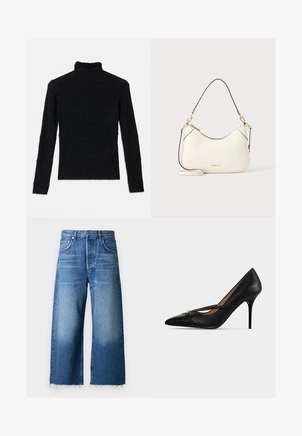 Sort ribbet turtleneck sweater med lange ærmer og en tekstureret overflade. Fremstår med vandrette striber og en bølget kant ved ærmerne.; Lyseblå denim brede ben jeans med en frynset kant, designet med fem lommer og en knaplukning i taljen.; Sort læder højhælet sko med spids tå og slank rem over toppen, fastgjort med en lille guldbælte på ensartet baggrund.; Hvid skuldertaske i læder med guldfarvet hardware, sort kant og aftagelig rem. Michael Kors-logo i guld nederst i midten.