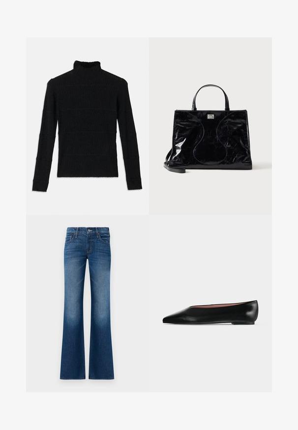 Zwarte geribbelde turtleneck trui met lange mouwen en een gestructureerde afwerking. Voorzien van horizontale strepen en een geschulpte zoom bij de mouwen.; Flared jeans in donkerblauwe denim, met een gladde textuur, een vijf-pocket ontwerp, een sluiting met een voorknop en subtiele vervagingen nabij de zoom.; Zwarte leren damesschoen met platte zool, puntige neus en lage hak, zijwaarts afgebeeld tegen een effen lichtgrijze achtergrond.; Zwarte glanzende leren handtas met korte handvatten, afneembare schouderriem en subtiele gebogen stiksel details aan de voorkant.