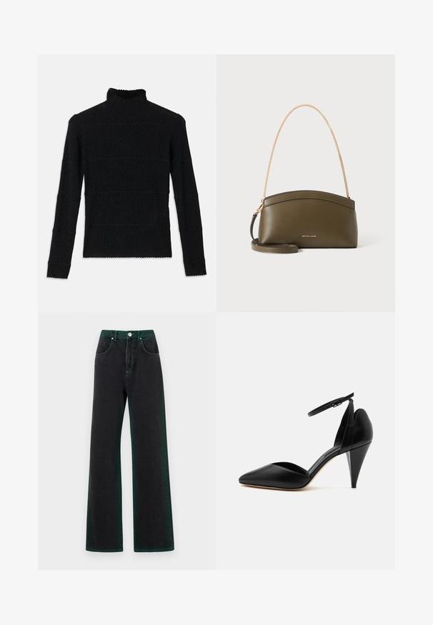 Pull en maille côtelée noir à col roulé, à manches longues et finition texturée. Présente des rayures horizontales et un ourlet festonné au niveau des manches.; Jean noir évasé avec des accents verts, en denim, présentant une taille haute, des poches avant et une fermeture à bouton en métal.; Escarpin en cuir noir à bout pointu avec bride à la cheville et talon conique sur fond blanc.; Sac à main Michael Kors vert olive avec bandoulière en chaîne dorée, dessus courbé et petit logo doré sur le devant, présenté sur fond blanc.
