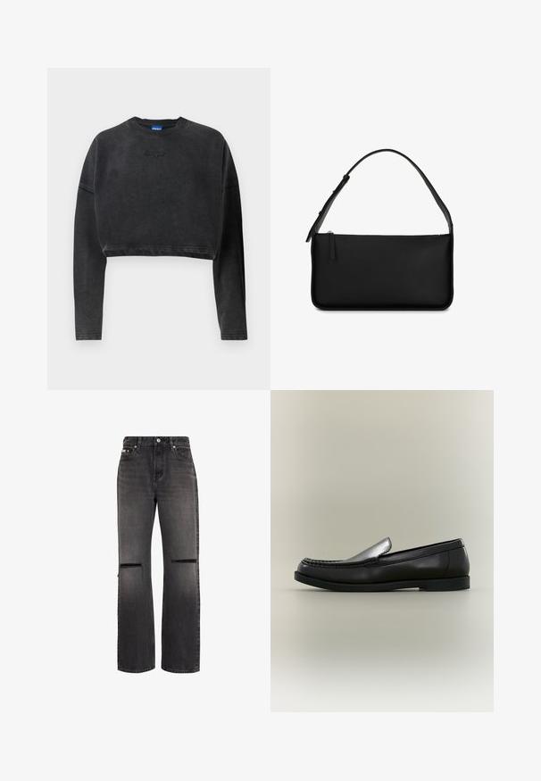 Afskåret sort sweatshirt i blødt stof, med ribbet halsudskæring og manchetter, samt et subtilt prægede logo på fronten.; Sorte jeans med lige ben, med slidte, vandrette slidser på begge knæ og klassisk fem-lomme design.; Sort læder loafer med moc toe-syning, lav hæl og slip-on design mod en neutral baggrund.; Sort rektangulær skuldertaske i læder med justerbar rem og lynlåslukning på toppen mod hvid baggrund.
