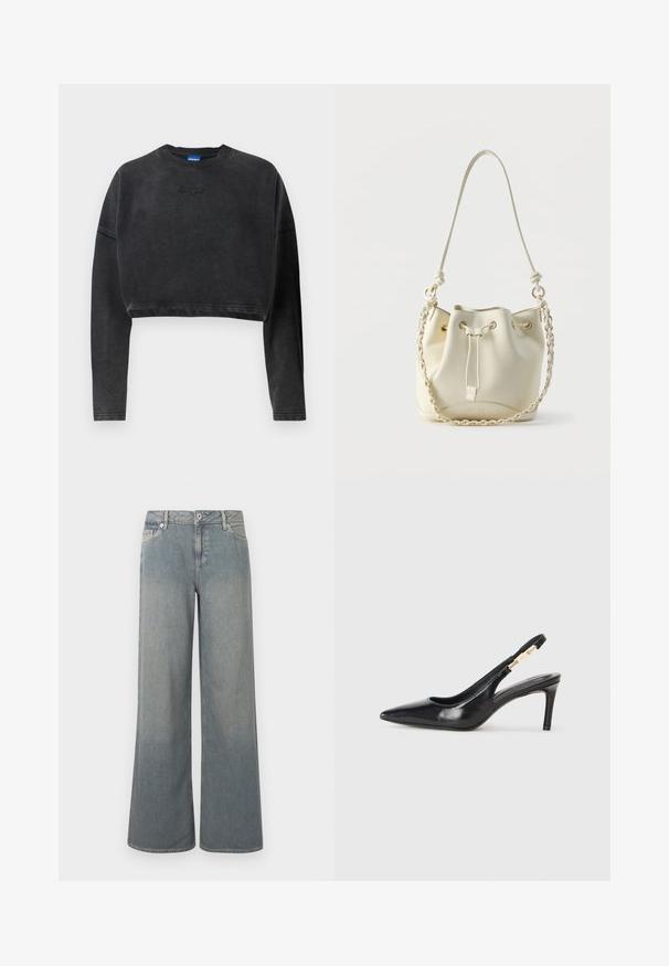 Afskåret sort sweatshirt i blødt stof, med ribbet halsudskæring og manchetter, samt et subtilt prægede logo på fronten.; Lyseblå jeans med brede ben lavet af denim, der har et klassisk design med fem lommer, lynlås- og knaplås samt frynset kant.; Sort læder slingback højhælede sko med spidse tæer, glat overflade og en smal ankelrem med guldfarvede hardware detaljer.; Hvid læder bucket-taske med snørelukning, flettet kæde og læder skulderrem samt guldfarvede øjer.