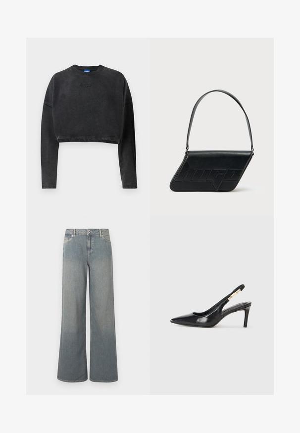 Afskåret sort sweatshirt i blødt stof, med ribbet halsudskæring og manchetter, samt et subtilt prægede logo på fronten.; Lyseblå jeans med brede ben lavet af denim, der har et klassisk design med fem lommer, lynlås- og knaplås samt frynset kant.; Sort læder slingback højhælede sko med spidse tæer, glat overflade og en smal ankelrem med guldfarvede hardware detaljer.; Sort skuldertaske i læder med trekantet form, præget logo og en enkelt justerbar rem. Minimalistisk design med glat tekstur.