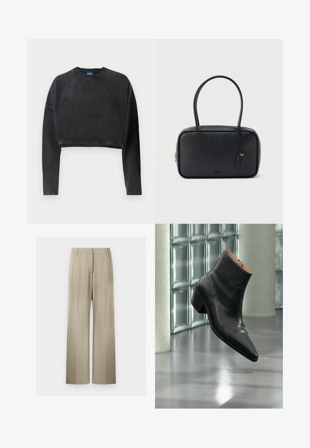 Afskåret sort sweatshirt i blødt stof, med ribbet halsudskæring og manchetter, samt et subtilt prægede logo på fronten.; Bredde benbukser i blød beige stof, med en flad front, beltdusk og en glat tekstur. Standard talje med ingen synlige mønstre.; Sort læderankelstøvle med spids tå og blokhæl, der svæver over en reflekterende grå gulv nær en væg af glasblokke.; Sort rektangulær håndtaske med dobbelte runde håndtag, gylden lynlås og præget "HUGO"-logo foran med fastgjort lædermærke.