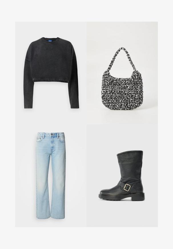 Afskåret sort sweatshirt i blødt stof, med ribbet halsudskæring og manchetter, samt et subtilt prægede logo på fronten.; Lyseblå brede jeans lavet af denim med et klassisk fem-lomme design og en subtil falmet tekstur. Denim-syninger er synlige.; Sorte ankelstøvler i læder med tekstureret finish, der har en sidebøjle og en kraftig, tekstureret sål for stabilitet.; Vævet håndtaske i sort og hvid med en rund form, tekstureret overflade og et fletet håndtag. Velegnet til afslappet brug.