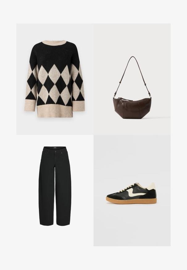 Sort og creme sweater med diamantmønster, rund halsudskæring, brede ærmer og struktureret strikfinish.; Sorte vidde-korte jeans med knap- og lynlåslukning foran, lommer foran og bagpå samt mærket bæltelabel.; Sorte ruskinds- og lædersneakers med en cremefarvet side-swoosh og lys cremefarvet hæl. Har beige snørebånd og en gummirubber-sål.; Brun læder skuldertaske med buet bund og justerbar rem mod en ensfarvet lys baggrund.
